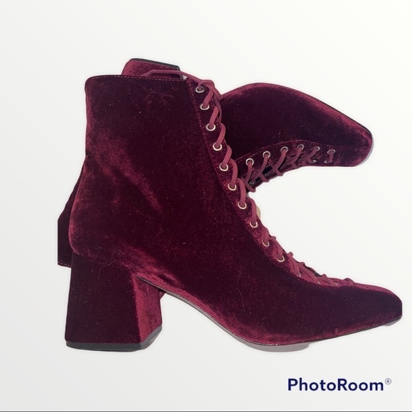 NIB SCHUTZ x REVOLVE Burgundy Velvet Rubi Wine Kika Lace Up Boots, Size 8B - Picture 1 of 6